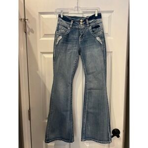 SKY Flare Jeans Cotton Denim Y2K McBling Angel Wing Heart Embroidered Sz 5/6